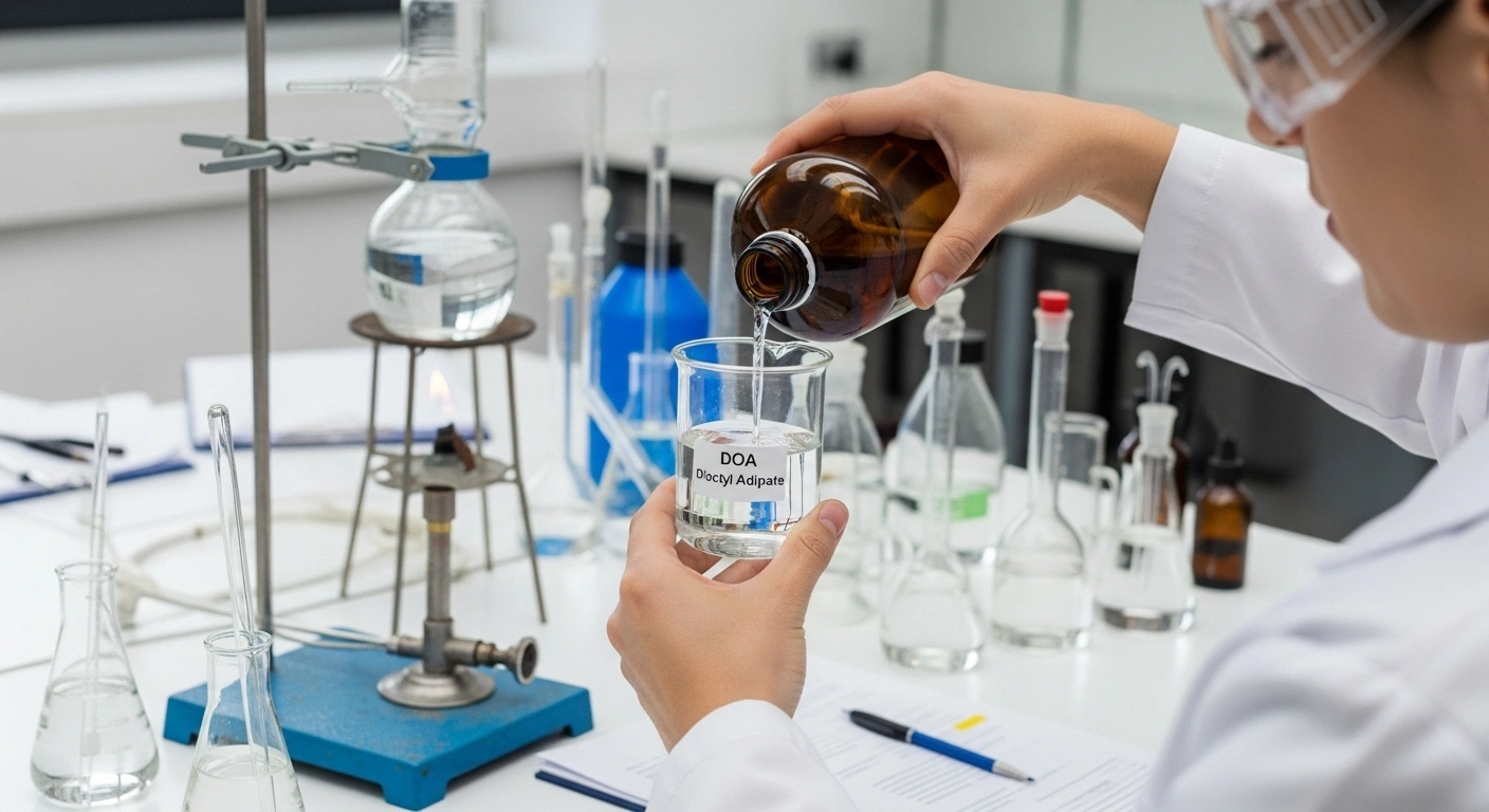 Сравнение разделенного экрана, показывающее два идентичных образца прозрачной жидкости в лабораторных стаканах с этикетками Stone TXIB и Eastman TXIB