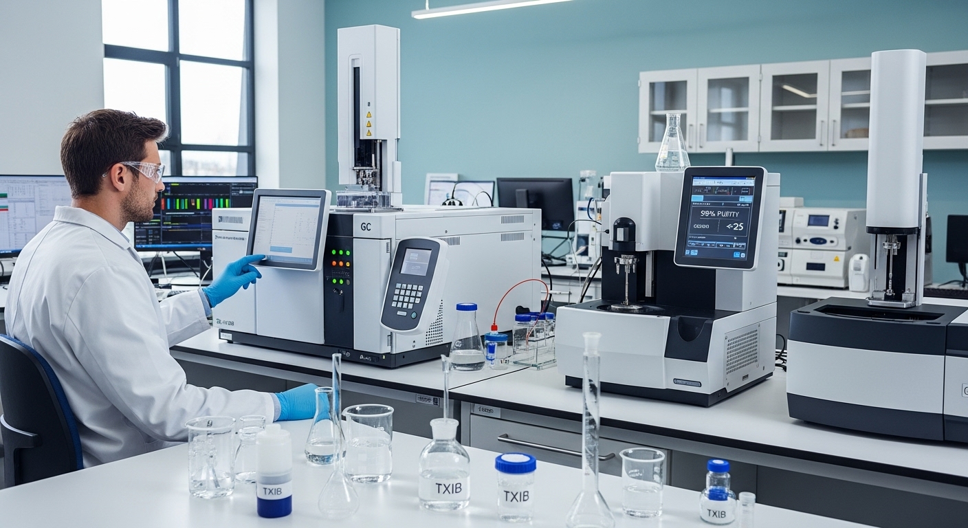 Modern quality control laboratory with technician analyzing TXIB samples using advanced testing equipment