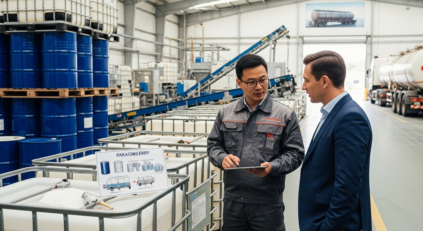 Professional Chinese technical support team member consulting with a Russian businessman at a production facility