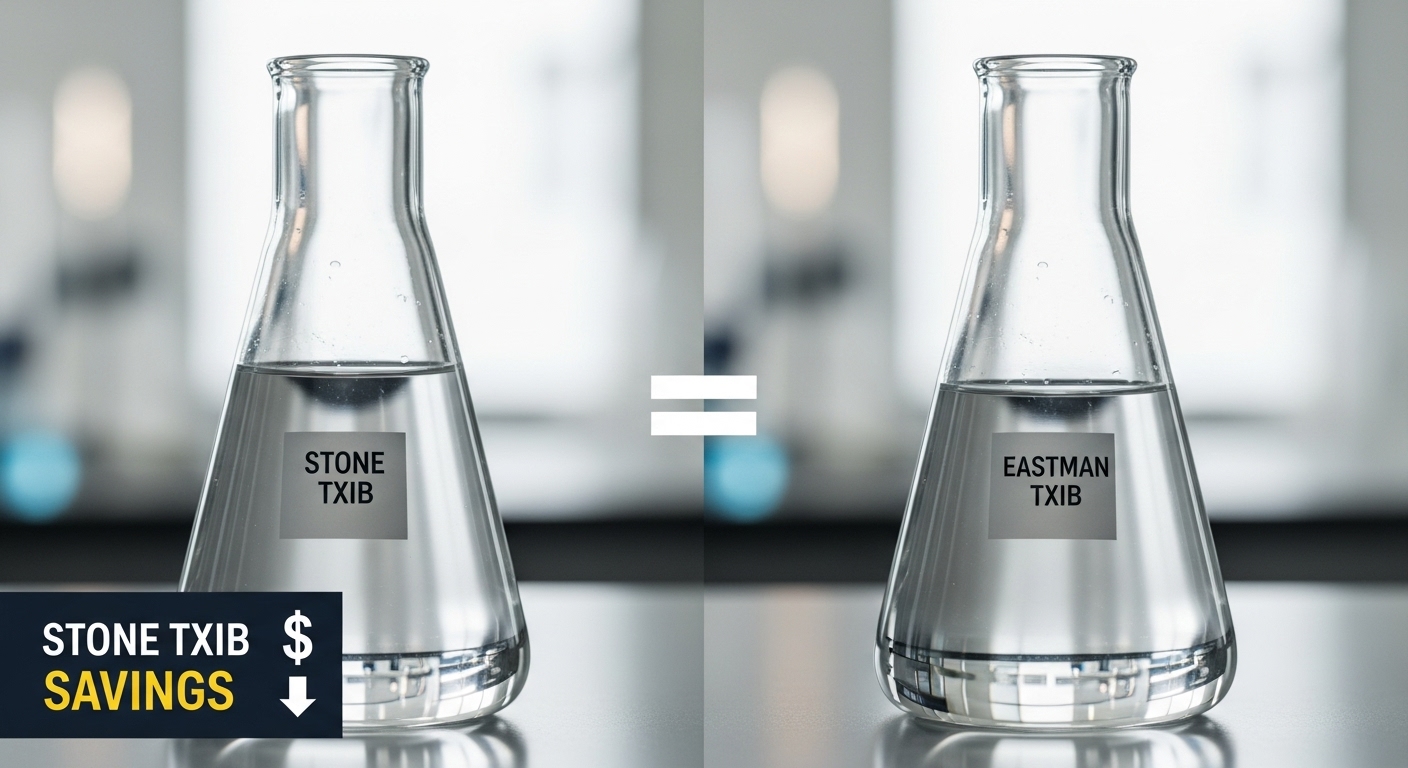 Split-screen comparison showing two identical clear liquid samples in laboratory beakers, with Stone TXIB and Eastman TXIB labels