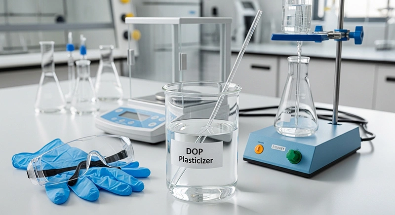 Split-screen comparison showing two identical clear liquid samples in laboratory beakers, with Stone TXIB and Eastman TXIB labels