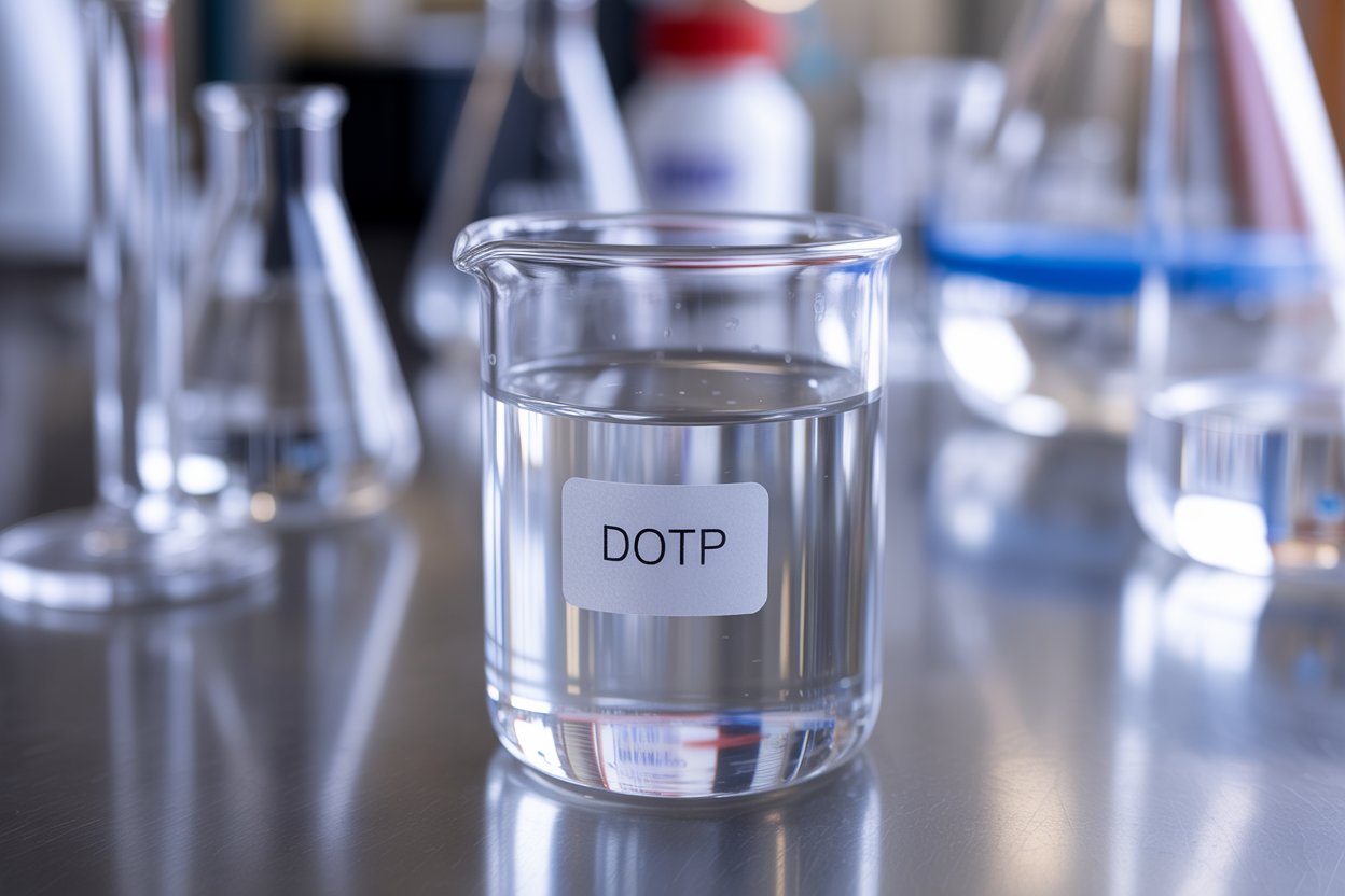 Split-screen comparison showing two identical clear liquid samples in laboratory beakers, with Stone TXIB and Eastman TXIB labels