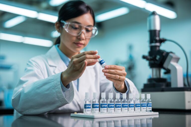 quality control Chinese specialist examining plasticizer DPHP samples