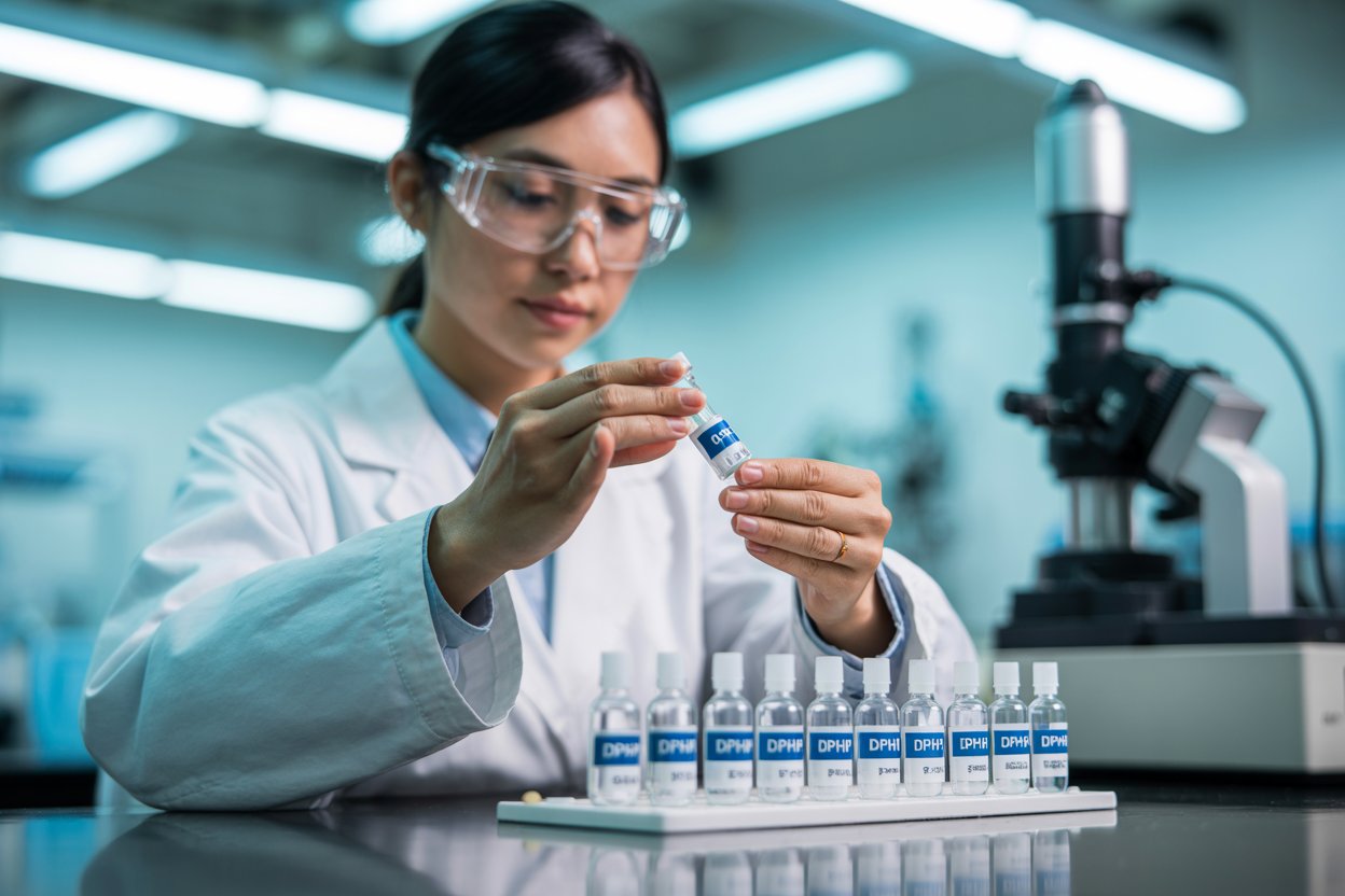 Split-screen comparison showing two identical clear liquid samples in laboratory beakers, with Stone TXIB and Eastman TXIB labels