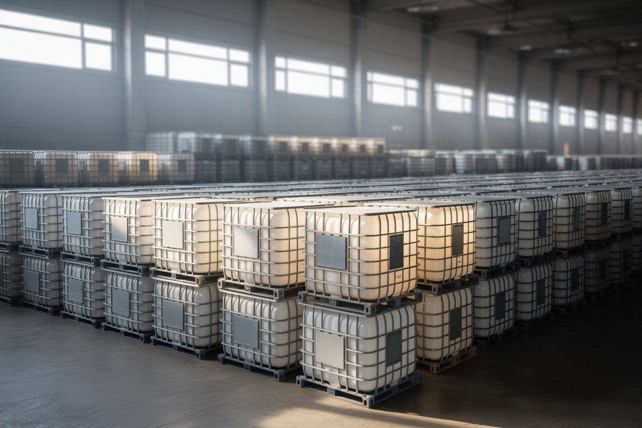 Сравнение разделенного экрана, показывающее два идентичных образца прозрачной жидкости в лабораторных стаканах с этикетками Stone TXIB и Eastman TXIB