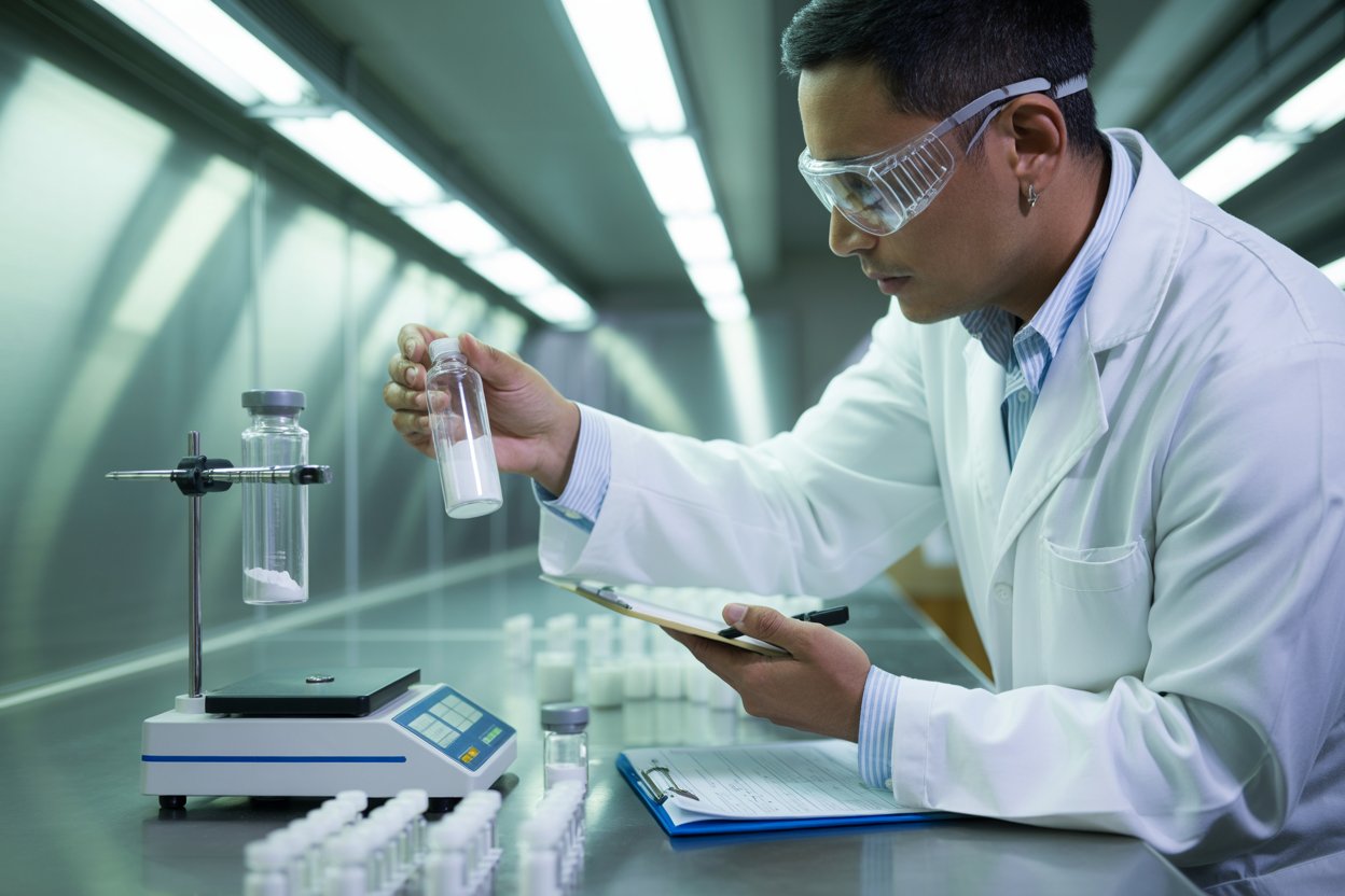 Modern quality control laboratory with technician analyzing TXIB samples using advanced testing equipment