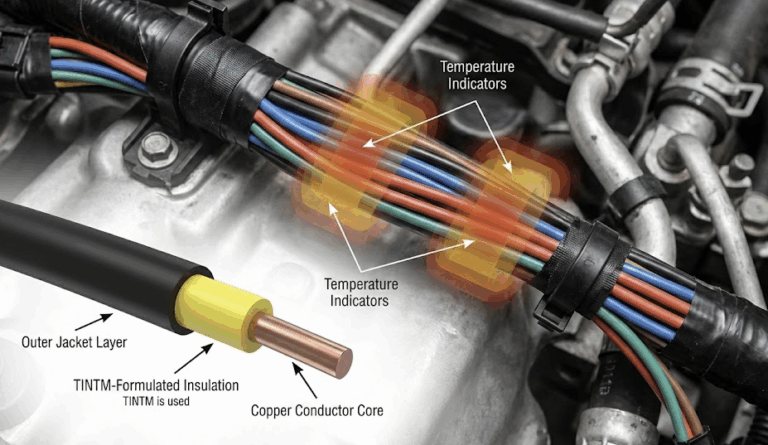 Automotive wire harness with labeled temperature indicators and TINTM-formulated insulation cutaway