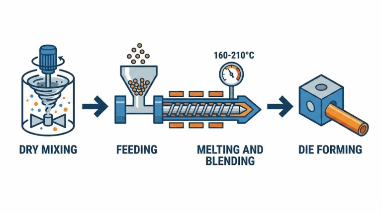 Diagram showing dry mixing, feeding, melting and blending at 160–210°C, and die forming