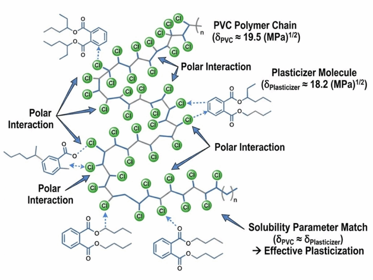 Diagram illustrating molecular compatibility between PVC polymer chains and plasticizer molecules showing polar interaction sites