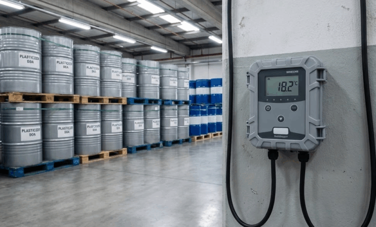 Plasticizer Storage and Handling Best Practices 12 Temperature datalogger mounted on wall in industrial plasticizer storage facility showing digital temperature display