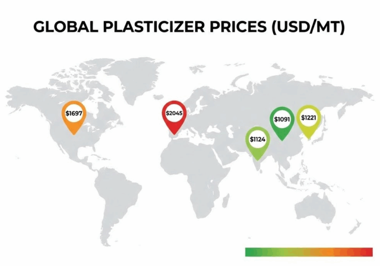 PVC Plasticizer Price Factors: What Affects Cost 11 World map displaying Q3 2025 plasticizer prices by region ranging from $1,091 per metric ton in China to $2,045 in Spain