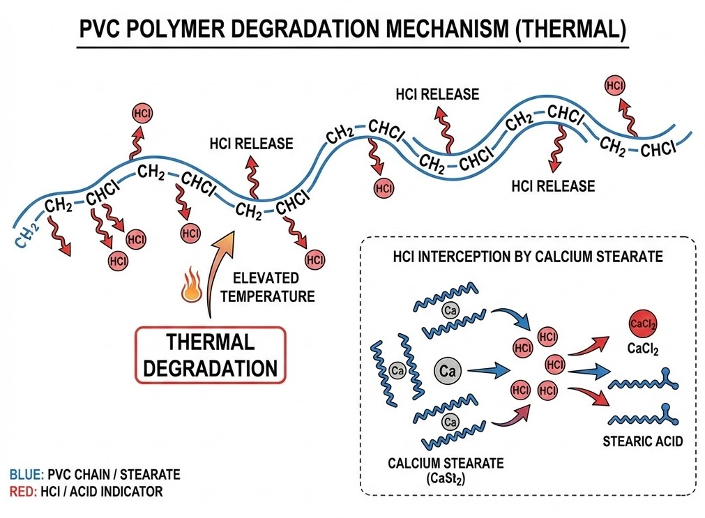 PVC Stabilizers and Plasticizers: Working Together 6 Diagram showing how stabilizers neutralize hydrochloric acid released during PVC thermal degradation through the zipper elimination mechanism