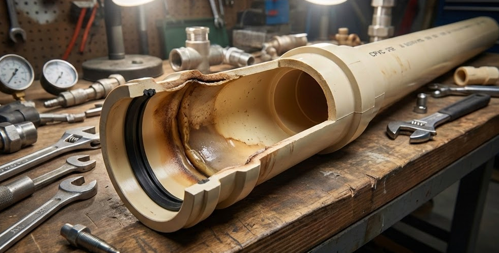 Cutaway PVC pipe with brown interior discoloration and a damaged black gasket on a workbench