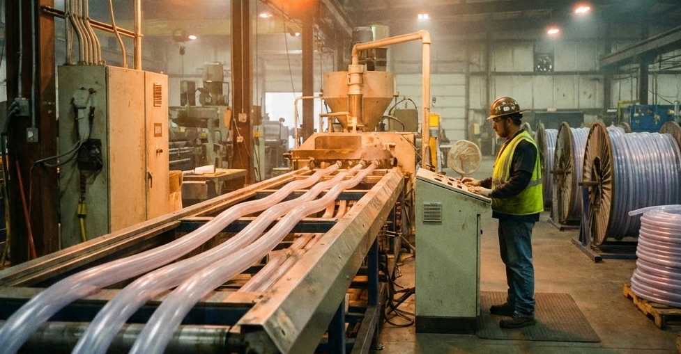 Best Plasticizer for PVC Pipe Manufacturing 5 PVC pipe extrusion line in industrial manufacturing facility producing flexible pipes