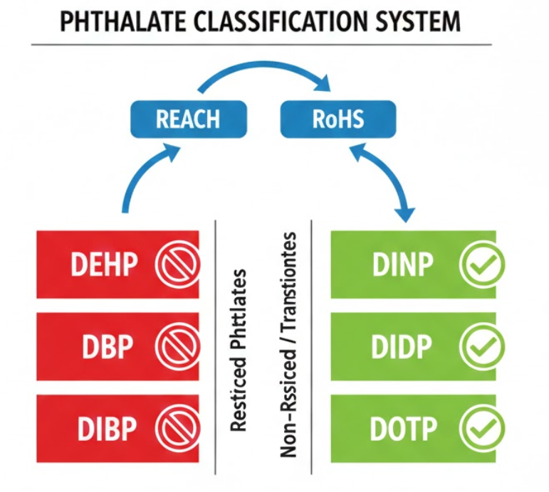 How Do You Choose a Reliable Plasticizer Manufacturer? 1 Diagram classifying restricted versus non-restricted phthalate plasticizers under REACH and RoHS regulations
