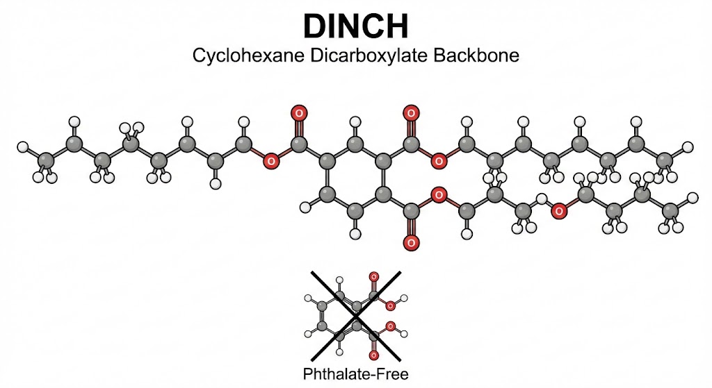 Comparación de pantalla dividida que muestra dos muestras idénticas de líquido transparente en vasos de laboratorio, con etiquetas Stone TXIB y Eastman TXIB
