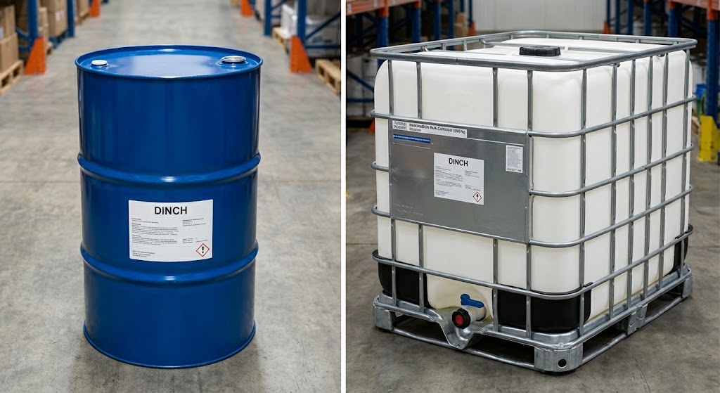 Comparación de pantalla dividida que muestra dos muestras idénticas de líquido transparente en vasos de laboratorio, con etiquetas Stone TXIB y Eastman TXIB