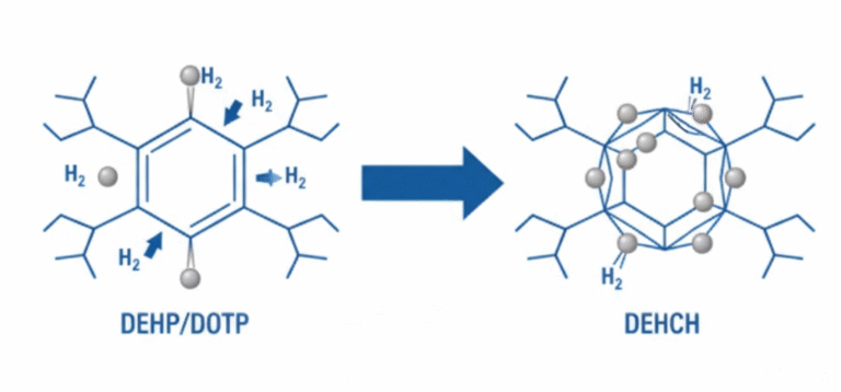 Diagram showing the hydrogenation reaction that converts the flat aromatic ring of a phthalate plasticizer into the three-dimensional cyclohexane ring of DEHCH