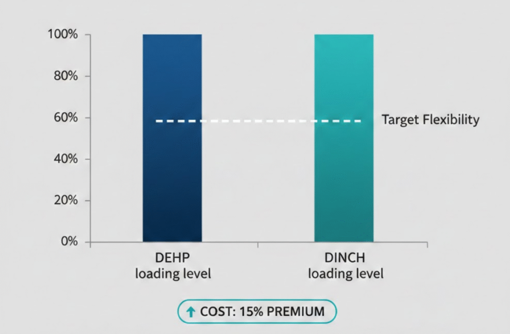 What Is DINCH Plasticizer? 2 Bar chart comparing DEHP and DINCH loading levels at 100%, with target flexibility and 15% cost premium