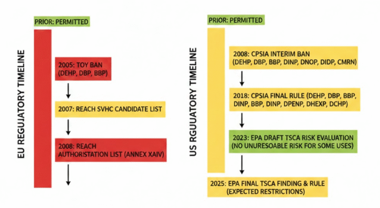 Side-by-side comparison diagram of EU and US regulatory timelines for DEHP restrictions showing earlier and stricter European action versus more permissive US stance