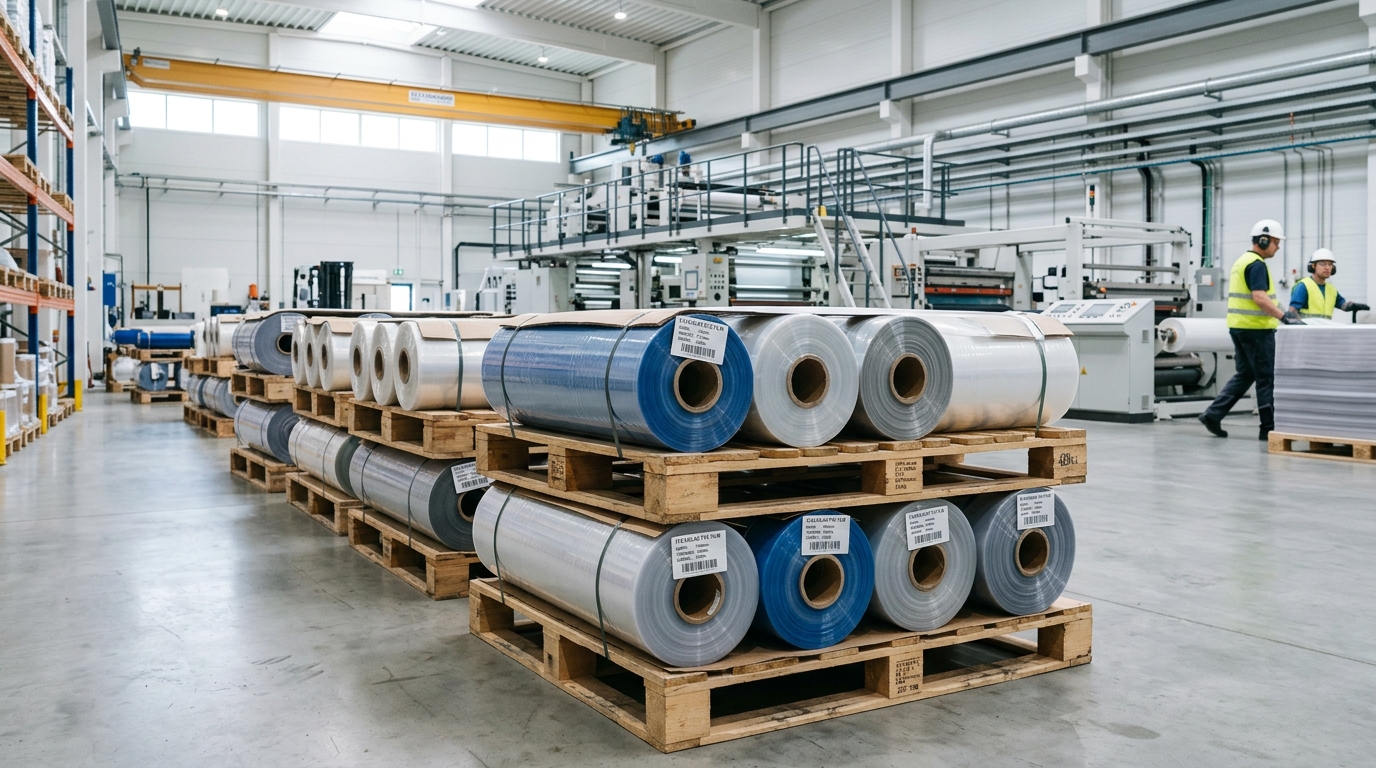 Calendered flexible PVC film rolls stacked in a clean manufacturing facility