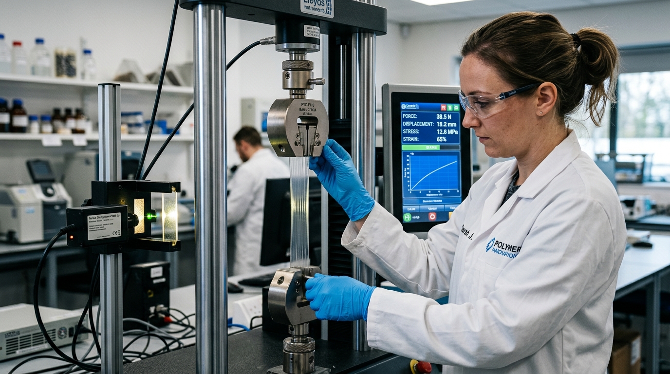 Laboratory technician testing PVC film samples for plasticizer migration and optical clarity