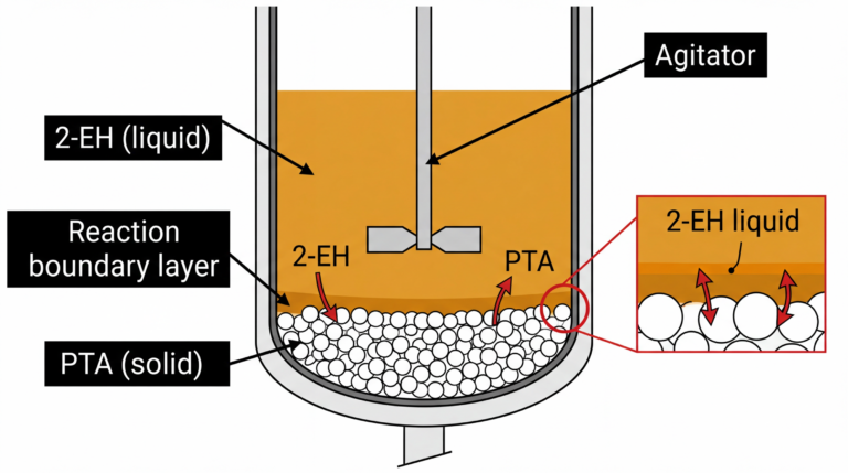 Catalysts Used in DOTP Synthesis 12 Diagram showing PTA solid particles at reactor bottom with 2-EH liquid phase and boundary layer esterification zone