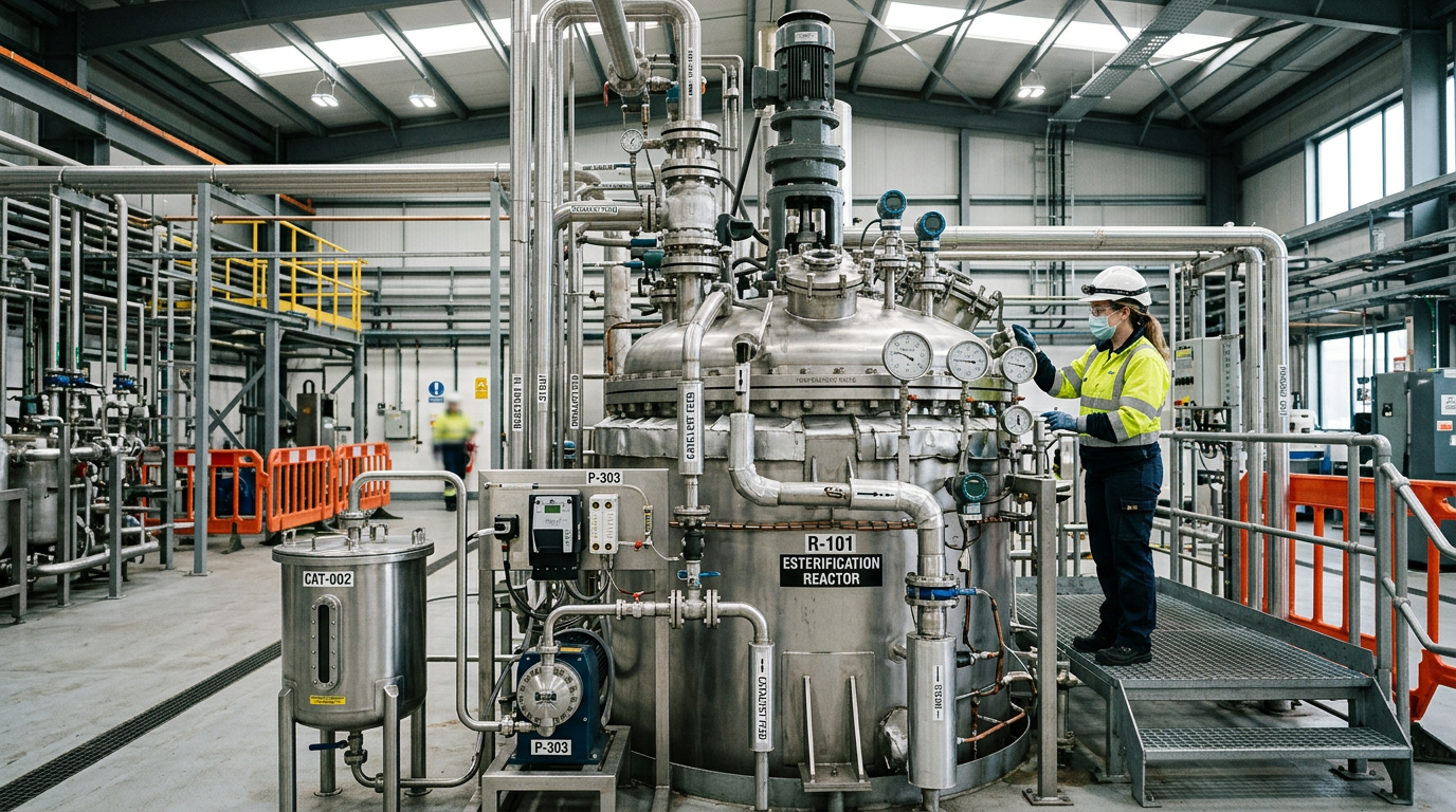 Industrial esterification reactor with titanium alkoxide catalyst feed system in a plasticizer production facility