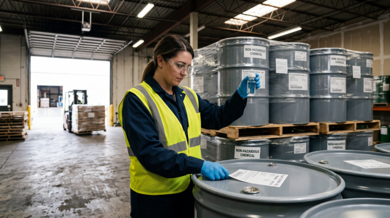 How to Handle and Store DEHCH Safely 4 Warehouse worker inspecting DEHCH plasticizer drum label and retention sample during receiving inspection