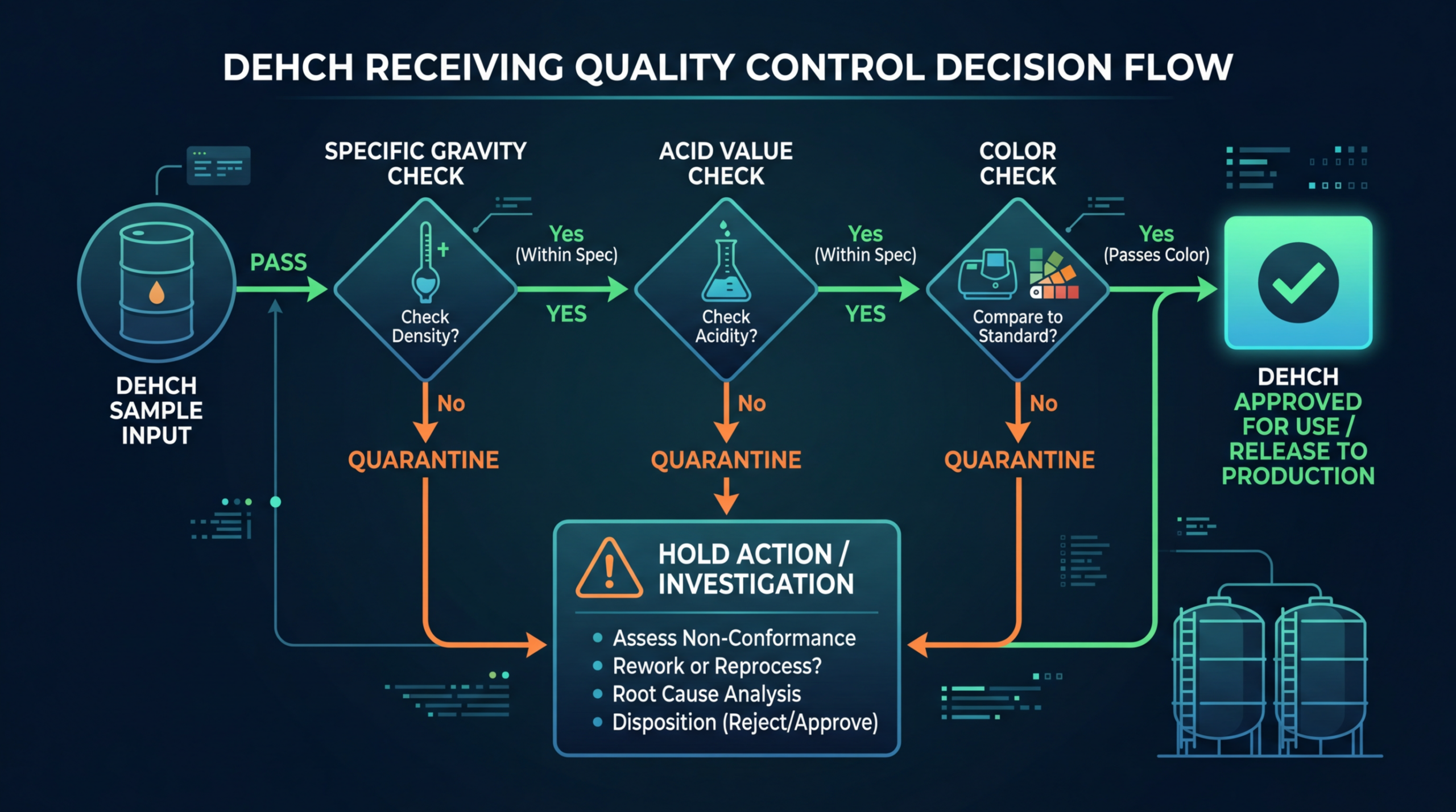 Organigramme de décision du contrôle qualité DEHCH présentant les critères d'acceptation de la densité, de l'indice d'acide et de la couleur