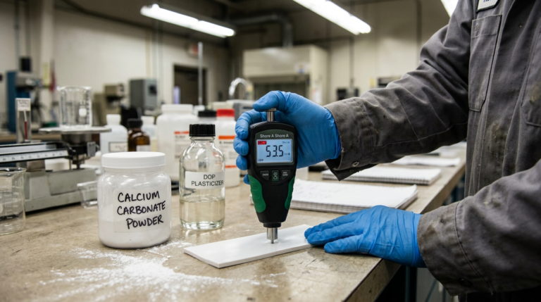How Calcium Carbonate Filler Affects DOP Dosage in PVC 10 Shore A hardness testing on PVC compound with calcium carbonate filler to verify DOP dosage adjustment