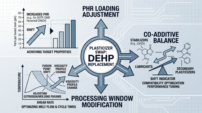 How to Replace DEHP in PVC Products Without Wrecking Your Process 5 Diagram showing three formulation parameters that change when you replace DEHP in PVC products: phr loading, co-additive balance, and processing window