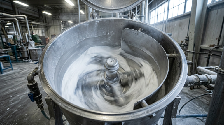 How to Mix PVC Dry Blend with DOP in a High-Speed Mixer 1 Inside view of high-intensity mixer with PVC dry blend powder forming vortex during DOP mixing procedure setup