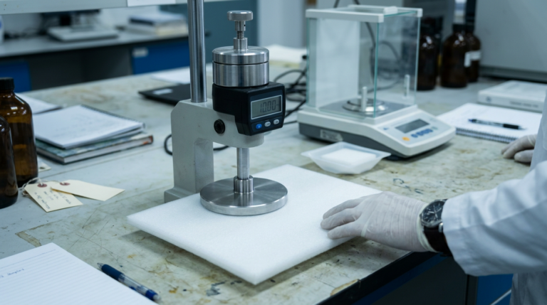 How to Perform a Density Test on Foamed PVC Sheet for QC 3 Dead-weight thickness gauge measuring foamed PVC sheet thickness during a density test, with analytical balance on lab bench