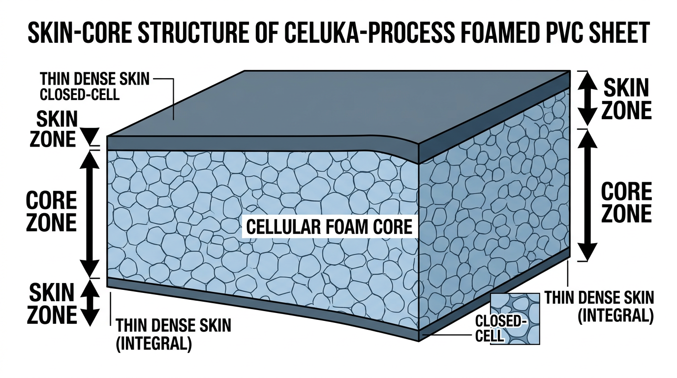 Schéma en coupe d'une feuille de PVC expansé montrant les couches superficielles denses et la structure cellulaire centrale pertinentes pour la préparation des échantillons d'essai de densité