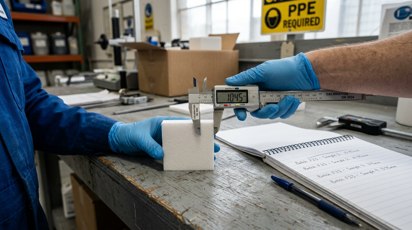 Un technicien mesure les dimensions d'un échantillon de feuille de PVC expansé pour un essai de densité selon la procédure ASTM D1622