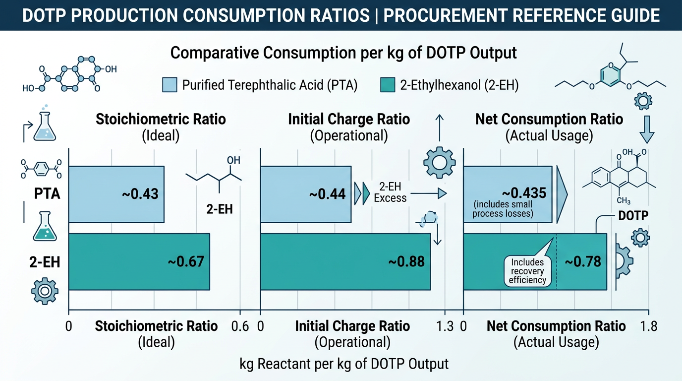 Raw Materials for DOTP Production: Specifications, Ratios, and Supply Chain 1 Diagram comparing stoichiometric, initial charge, and net consumption ratios of raw materials for DOTP production per kilogram of output