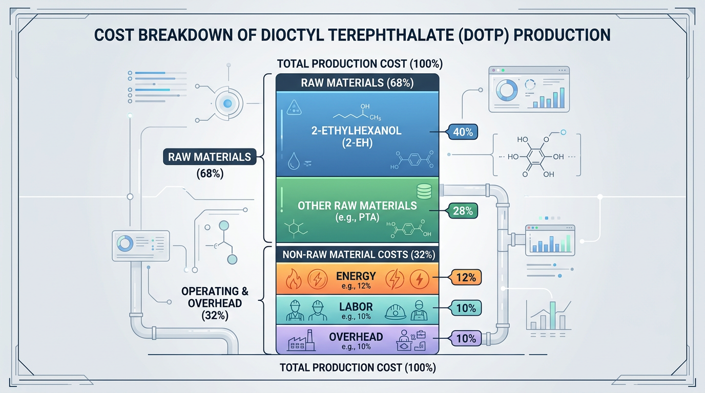 Raw Materials for DOTP Production: Specifications, Ratios, and Supply Chain 4 Cost structure breakdown showing raw materials for DOTP production accounting for the majority of total manufacturing expenses