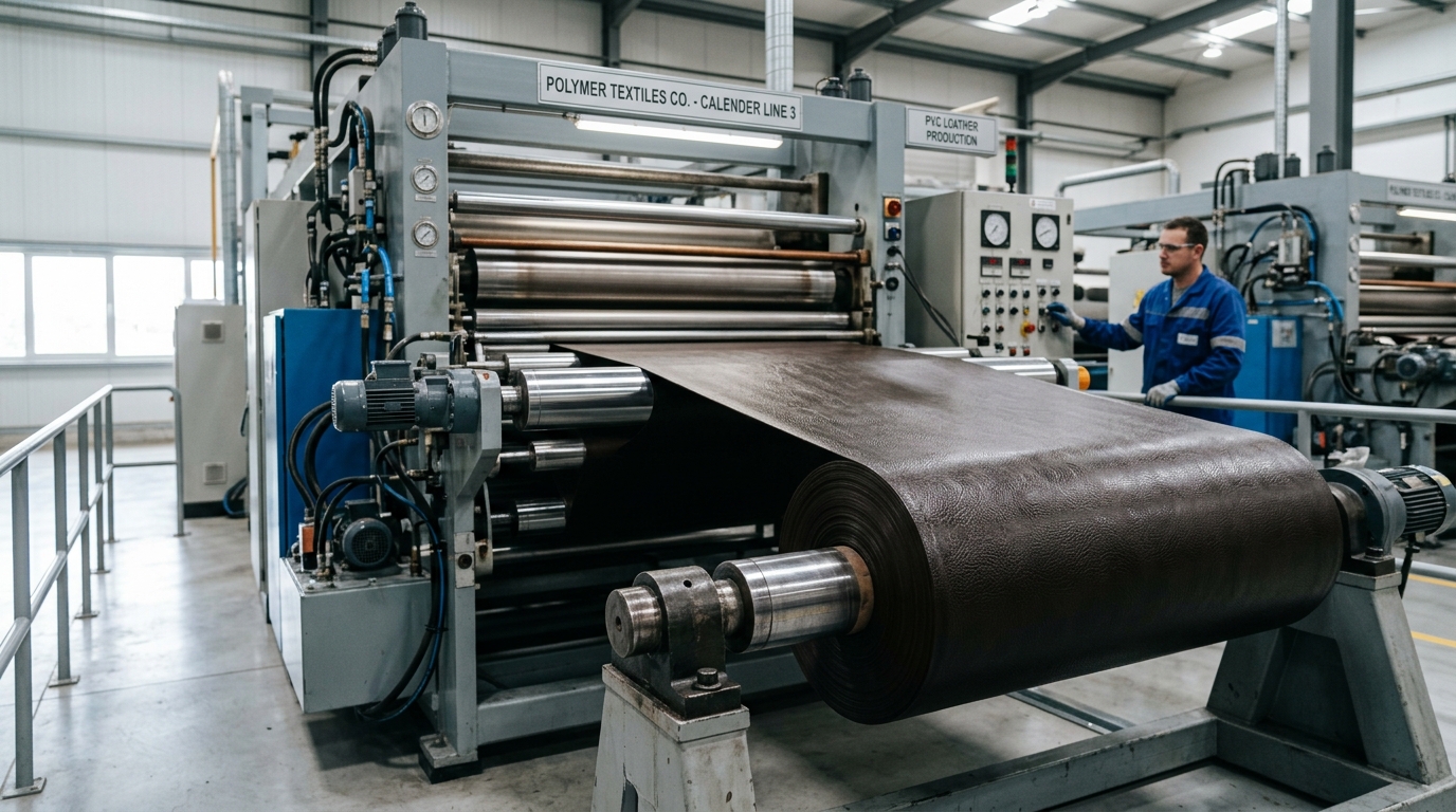 Close-up view of textured PVC synthetic leather passing through manufacturing calendering equipment