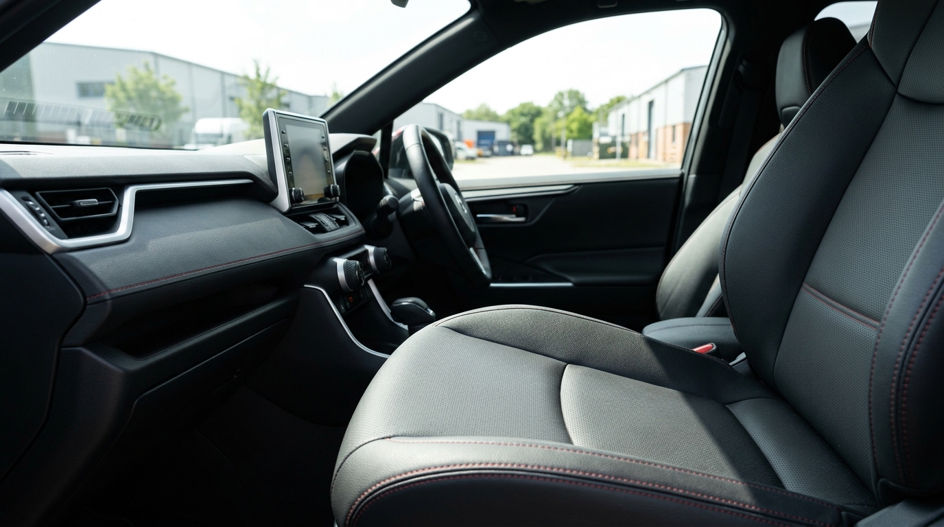 Close-up detail of automotive synthetic leather seating and dashboard with natural sunlight, highlighting the matte finish without fogging