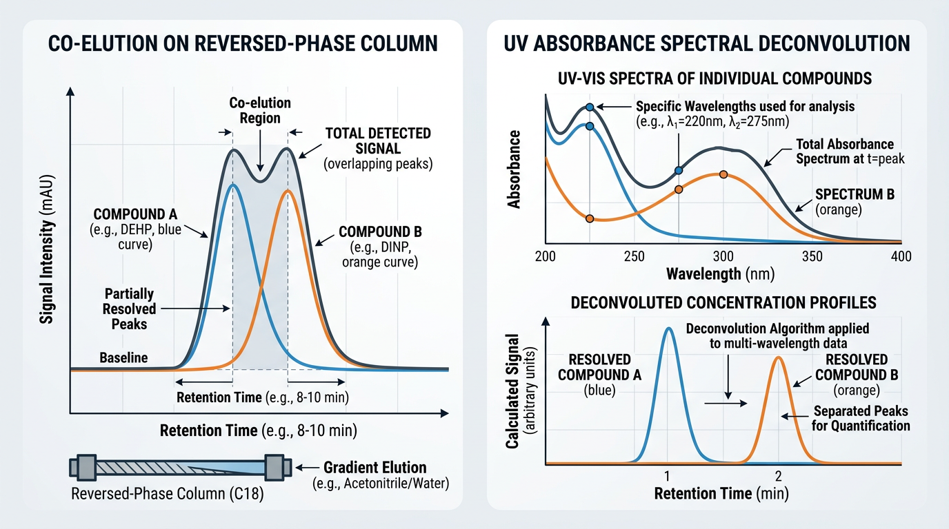 Diagramme illustrant la co-élution par HPLC du DEHP et du DEHA lors des tests de migration des DOA