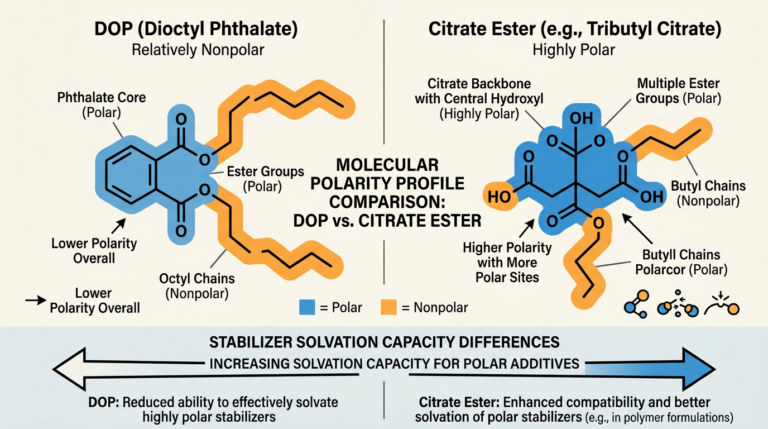 DOP Compatibility with Each PVC Heat Stabilizer Class 8 Diagram comparing DOP and citrate ester molecular polarity and their different heat stabilizer solvation capacities in PVC formulations