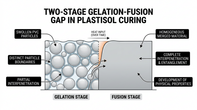 How to Set Curing Temperature and Time for DOTP Plastisols 6 Diagram showing gelation versus fusion stages in DOTP plastisol curing temperature progression with distinct particle boundaries at gelation and homogeneous structure at full fusion
