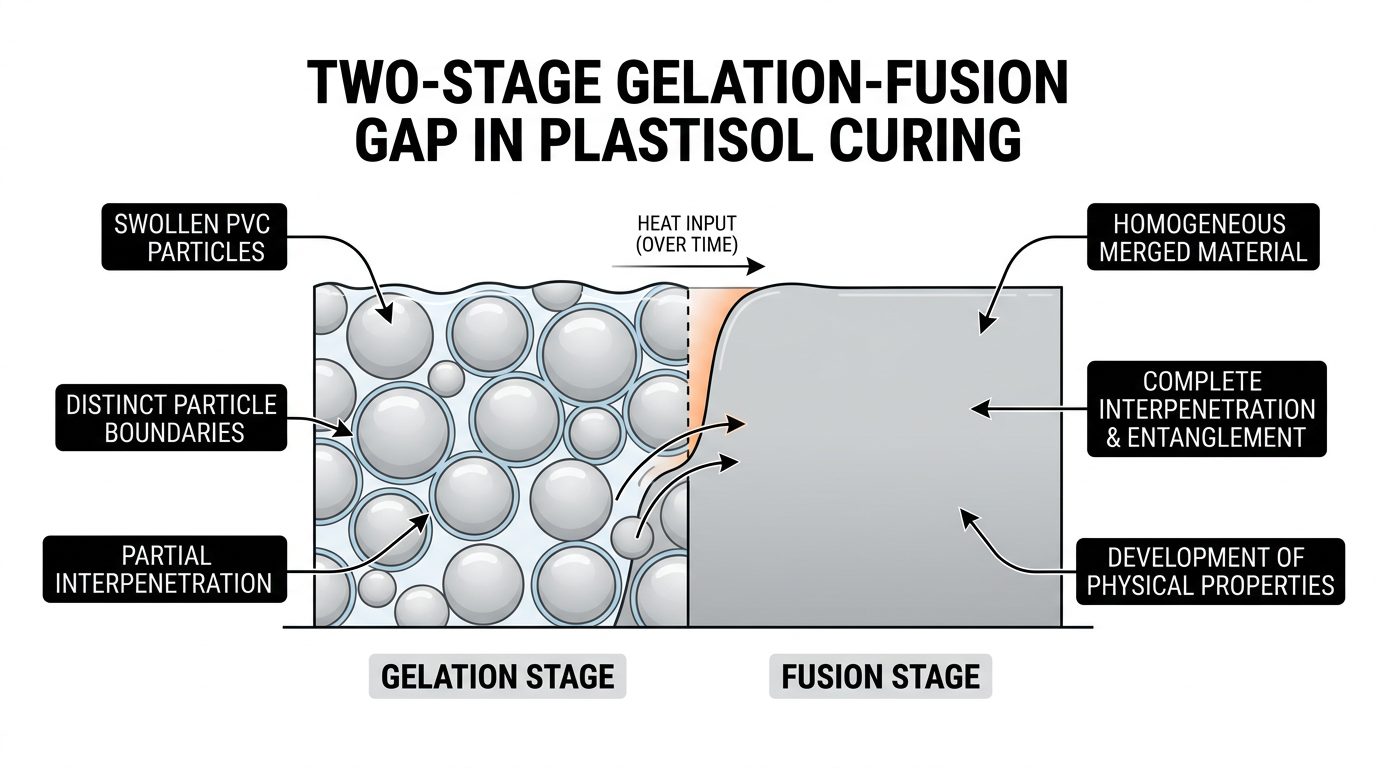 Diagram showing gelation versus fusion stages in DOTP plastisol curing temperature progression with distinct particle boundaries at gelation and homogeneous structure at full fusion