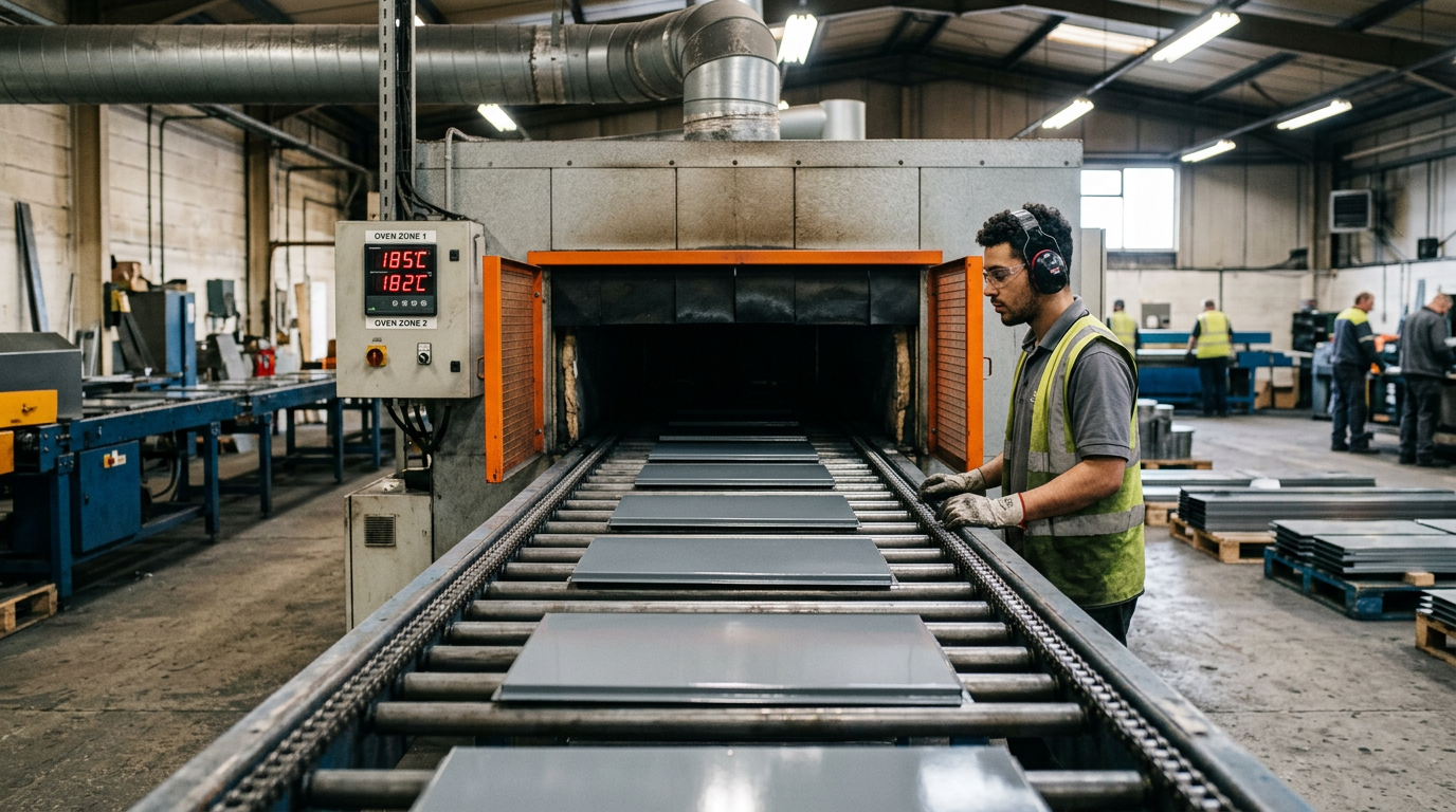 Industrial tunnel oven for curing DOTP plastisol coatings on a production line with temperature controls and conveyor system
