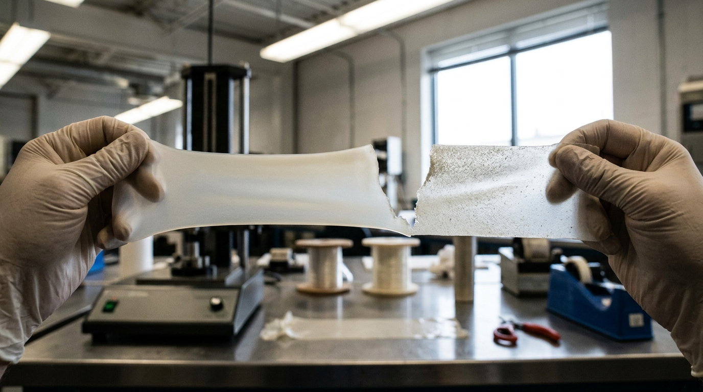 Stretch test on plastisol film showing clean elastic tear of fully fused DOTP plastisol versus grainy fracture of under-cured material