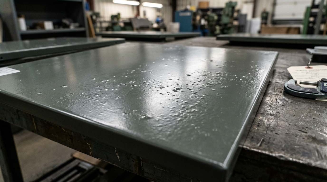 Surface defects on under-cured DOTP plastisol coating showing mosquito bite irregularities caused by incomplete fusion temperature