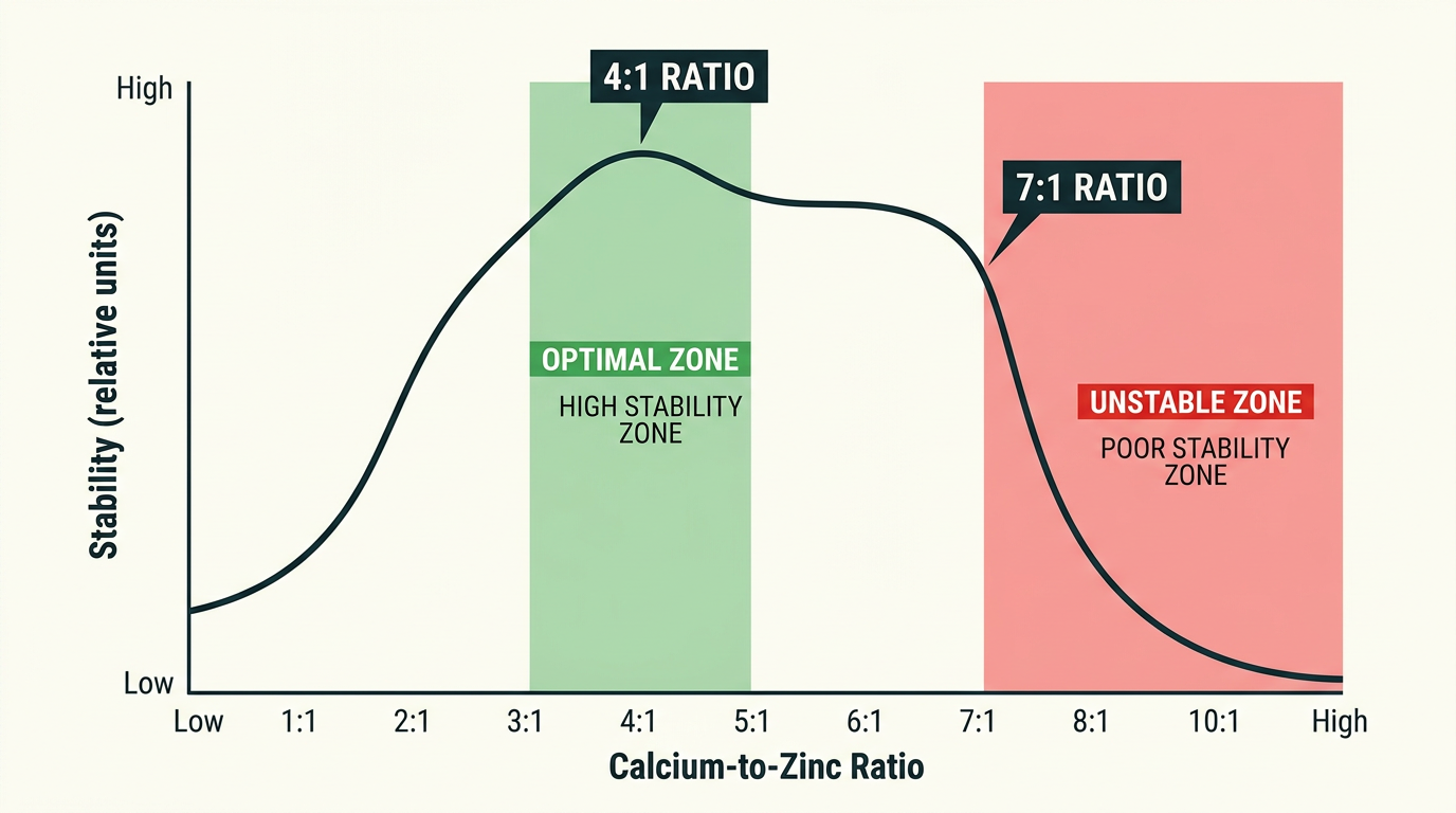 Calcium-to-zinc ratio optimization curve showing peak DOP compatibility with PVC heat stabilizers at four-to-one molar ratio