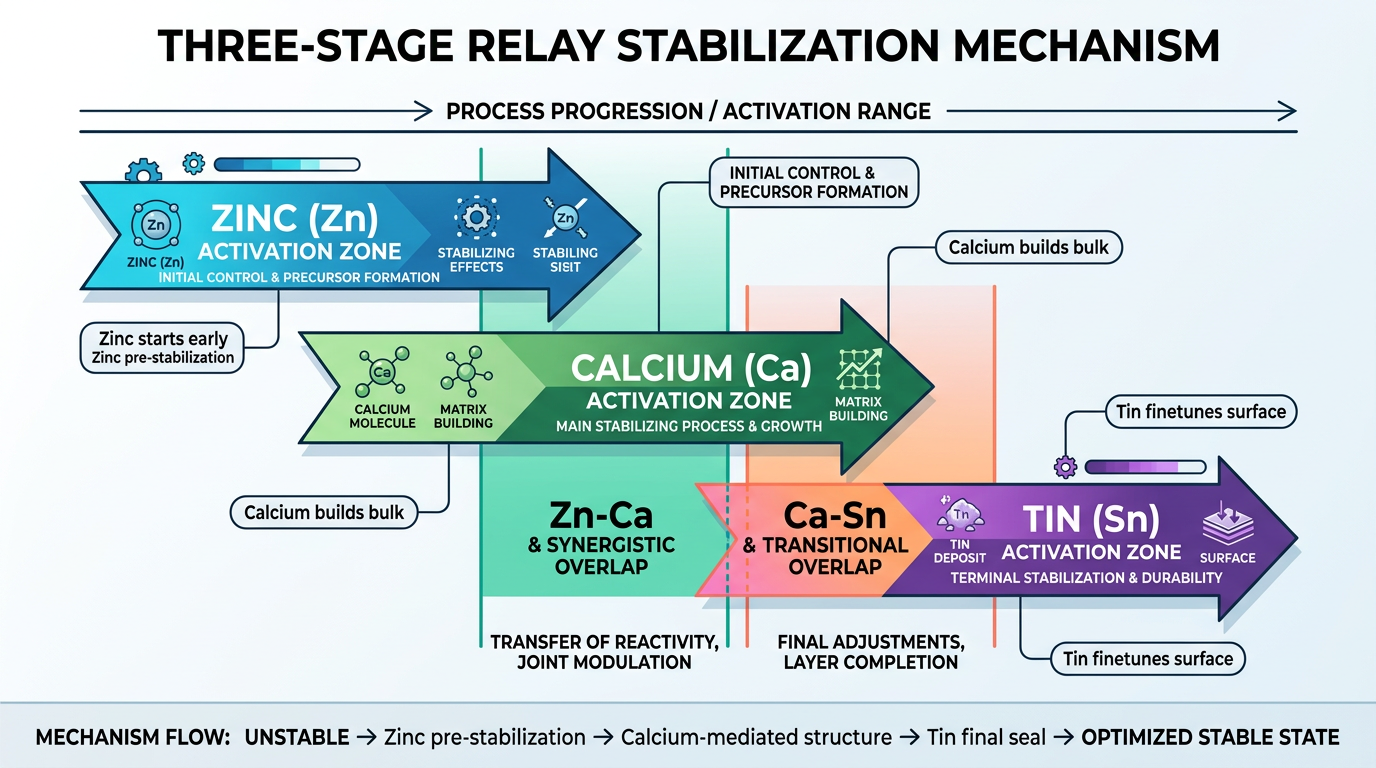 Relay mechanism diagram showing how organotin and calcium-zinc heat stabilizers work in sequence to protect DOP-plasticized PVC during thermal degradation