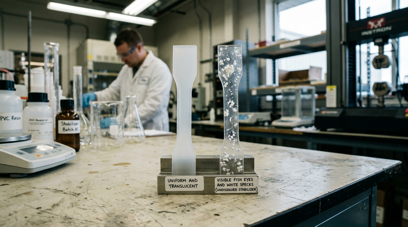 Side-by-side PVC specimens demonstrating how DOP compatibility with heat stabilizers depends on dispersion quality, showing fish eyes from poor stabilizer dissolution